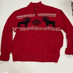 Chaps Red Sweater with Moose Design 1/4 button high neck XL
